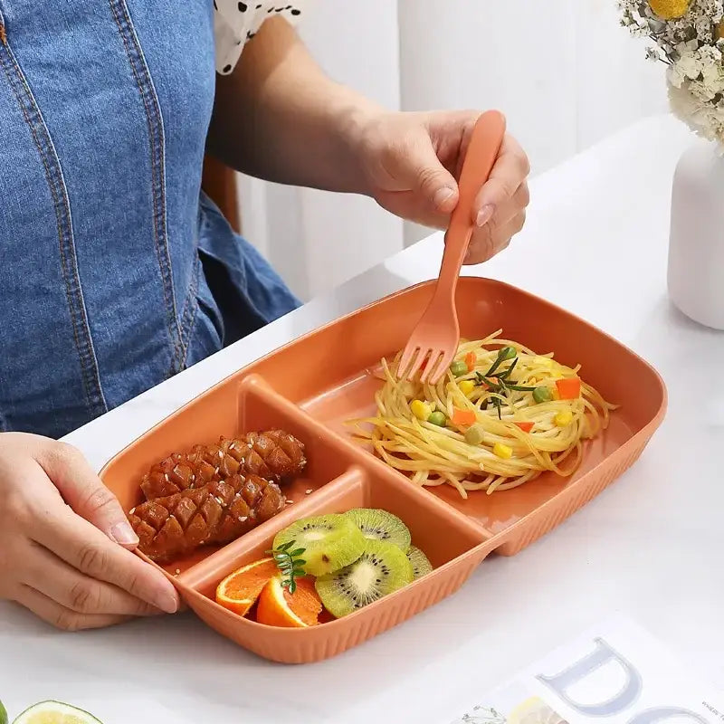 Colorful ribbed divided dish diet plate set with utensils dining room
