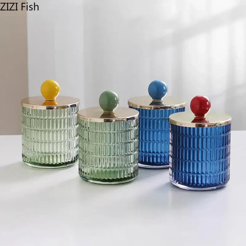 Colorful ribbed glass tea canister set kitchen storage jar