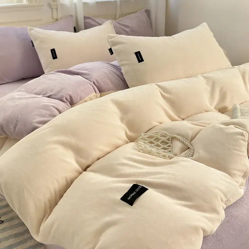 Coral color blocked cream velvet duvet cover bedroom set