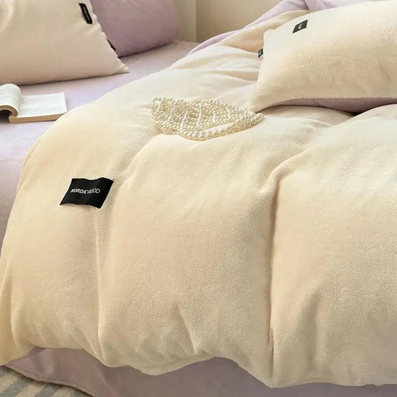 Coral color blocked cream velvet duvet cover bedroom set