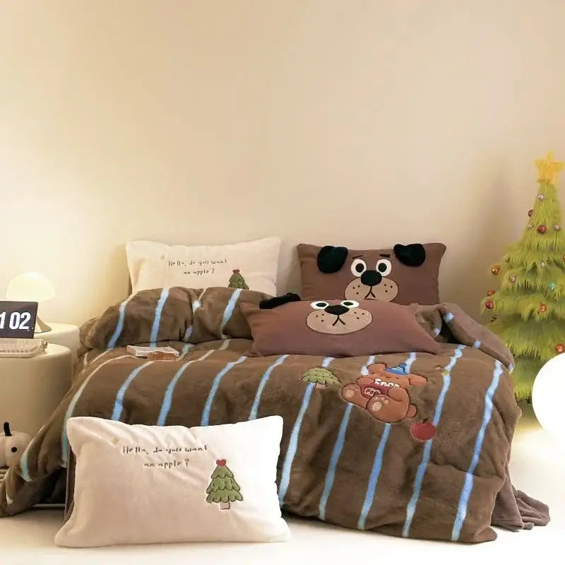Cozy autumn winter cream & red bear fleece duvet set bedroom decor