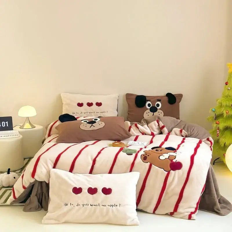 Cozy autumn winter cream & red bear fleece duvet set bedroom decor