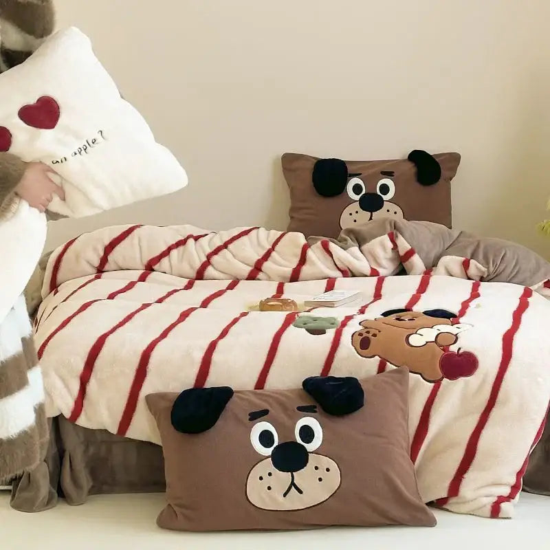 Cozy autumn winter cream & red bear fleece duvet set bedroom decor