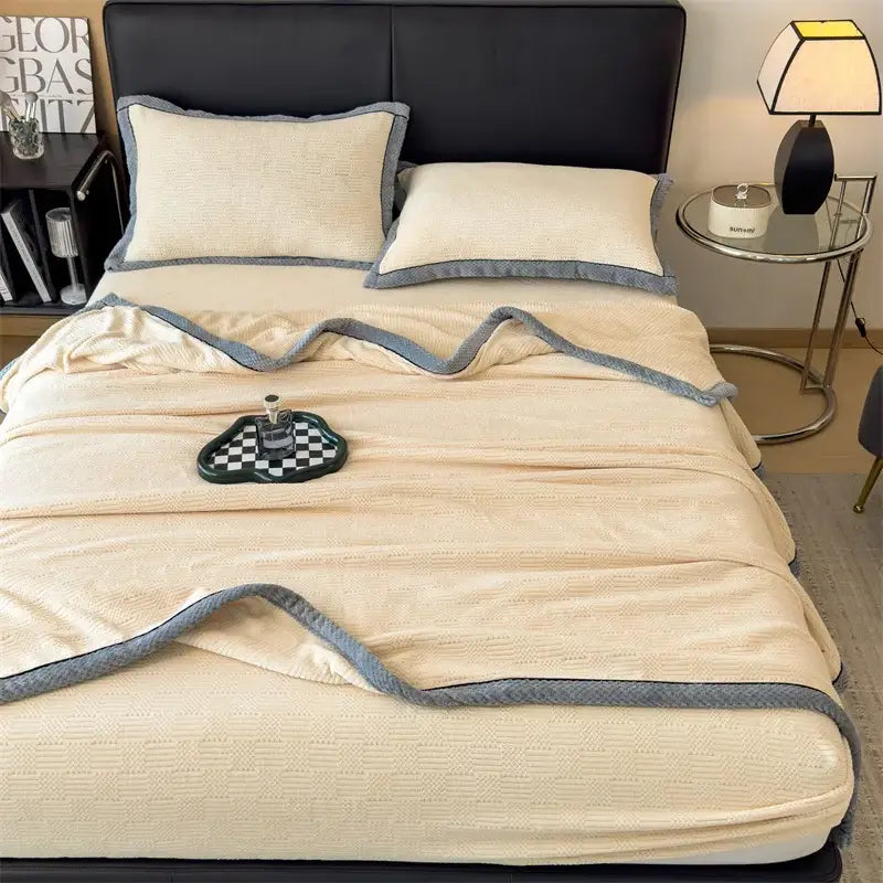 Cozy carved velvet cream & gray quilted blanket bedroom throw