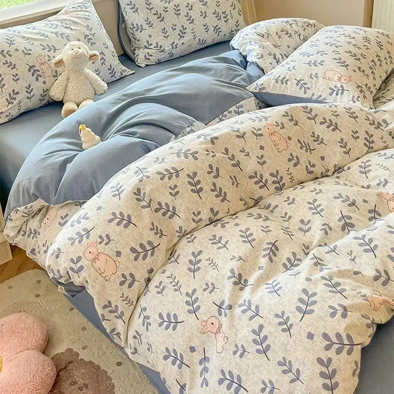 Cozy cotton bedding set cream pink & gray bunny bedroom duvet cover