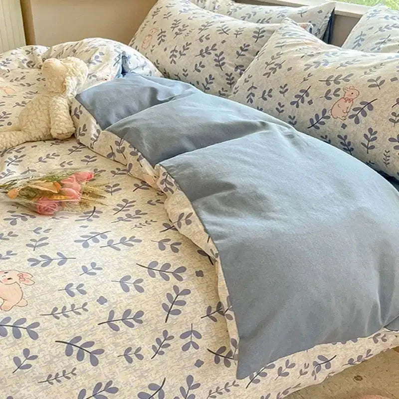 Cozy cotton bedding set cream pink & gray bunny bedroom duvet cover