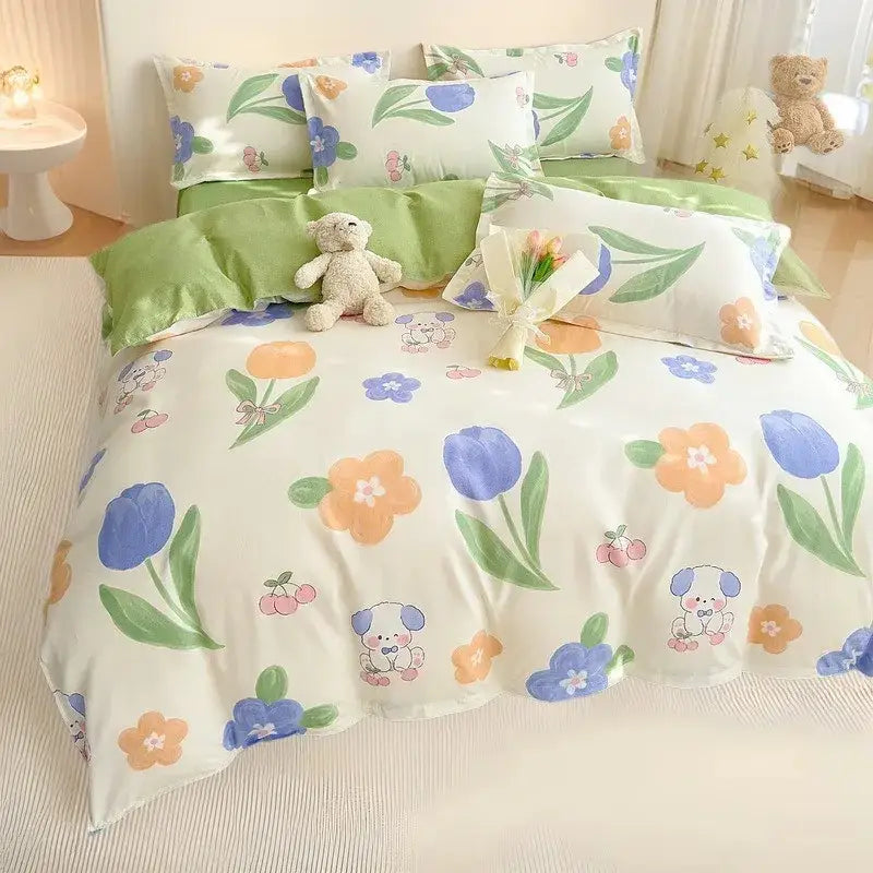 Cozy flower print cream teddy bear bedding set bedroom decor