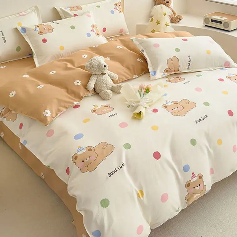 Cozy flower print cream teddy bear bedding set bedroom decor