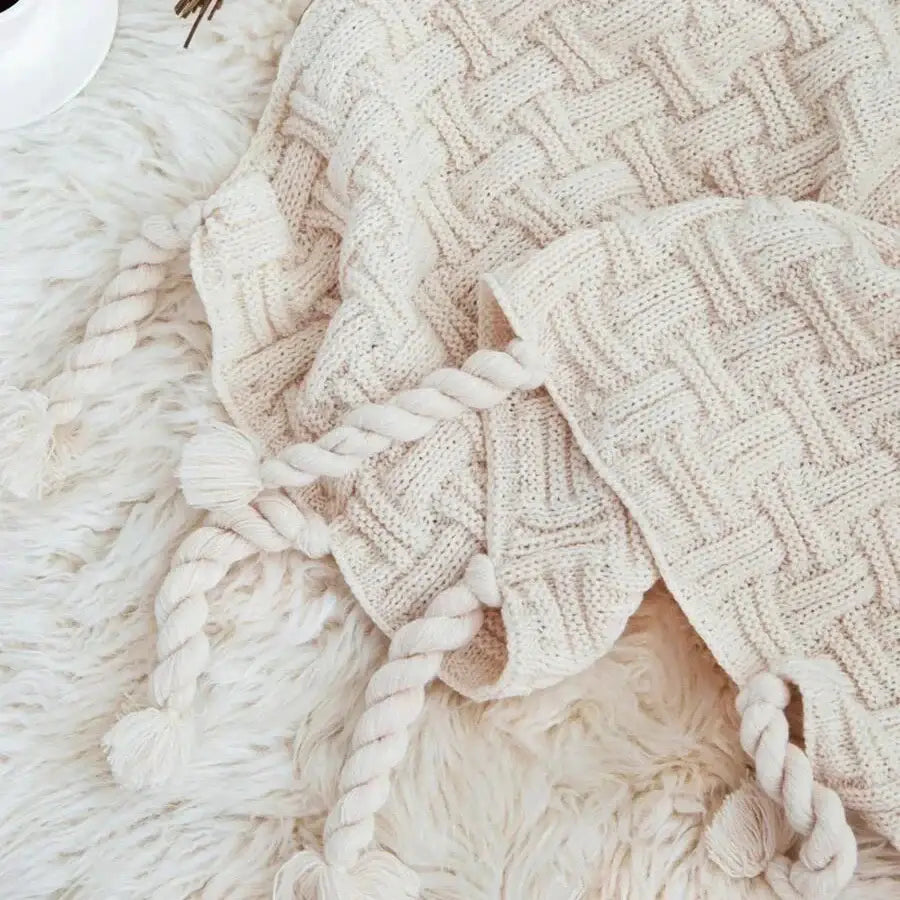 Cozy fringed plaid cream knit throw blanket bedroom decor