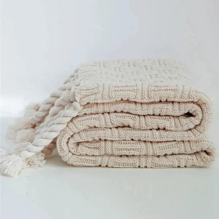 Cozy fringed plaid cream knit throw blanket bedroom decor