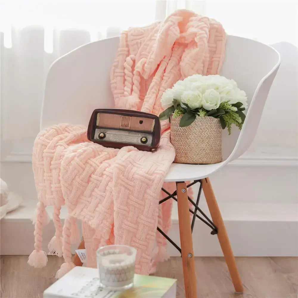 Cozy fringed plaid cream knit throw blanket bedroom decor