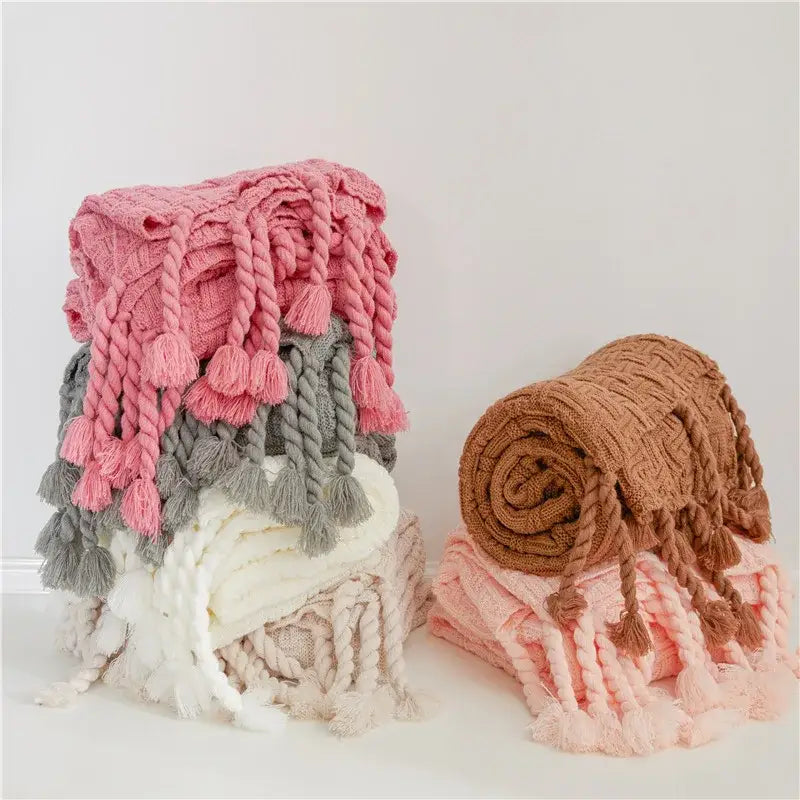Cozy fringed plaid cream knit throw blanket bedroom decor
