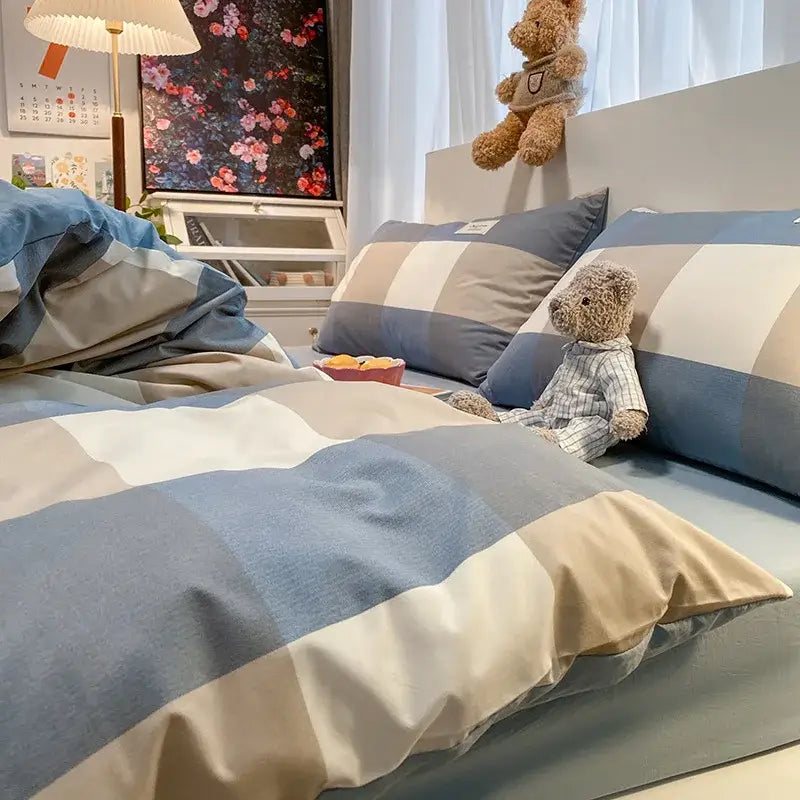 Cozy plaid duvet cover blue & white bedroom bedding set