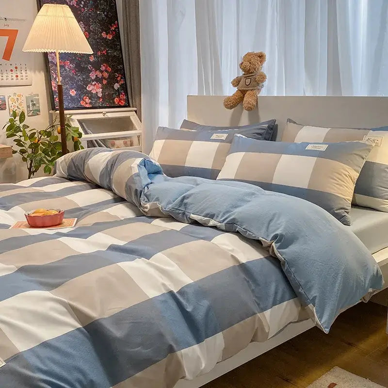 Cozy plaid duvet cover blue & white bedroom bedding set