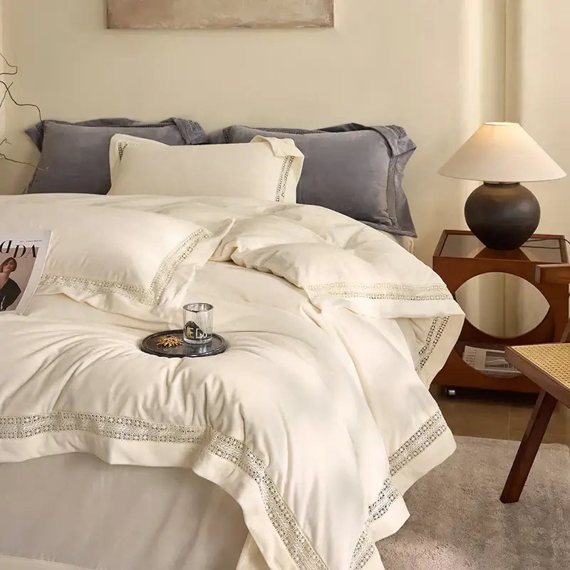 Cozy velvet lace bedding set cream bedroom decor