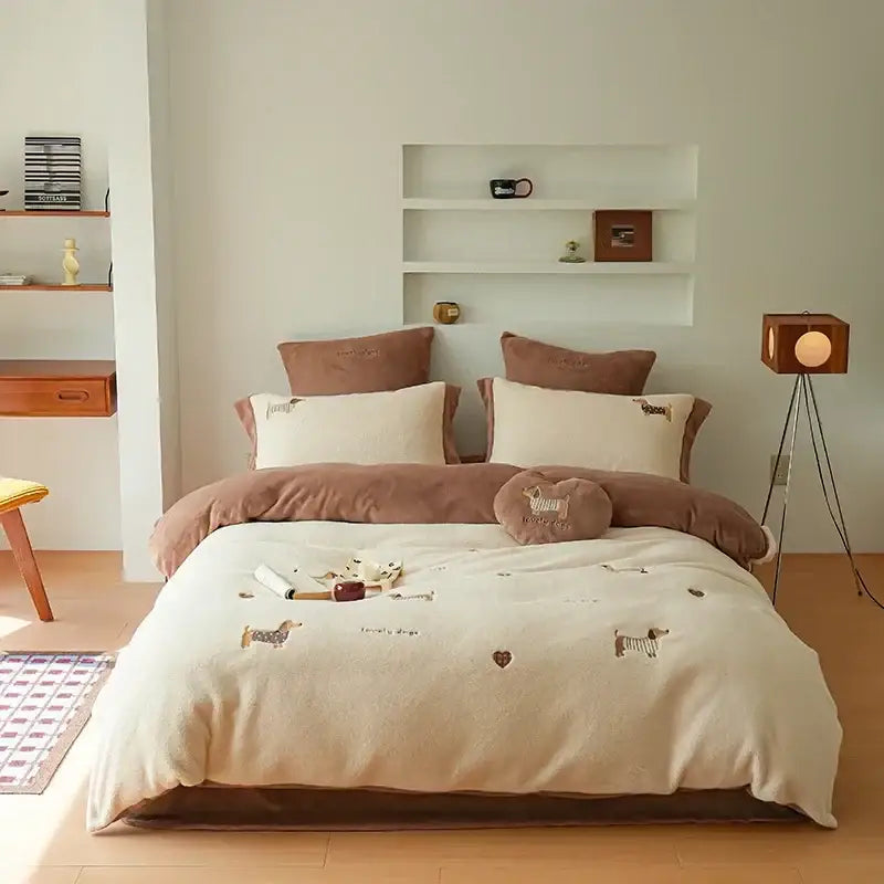Cream and brown embroidered imitation cashmere bedding set bedroom