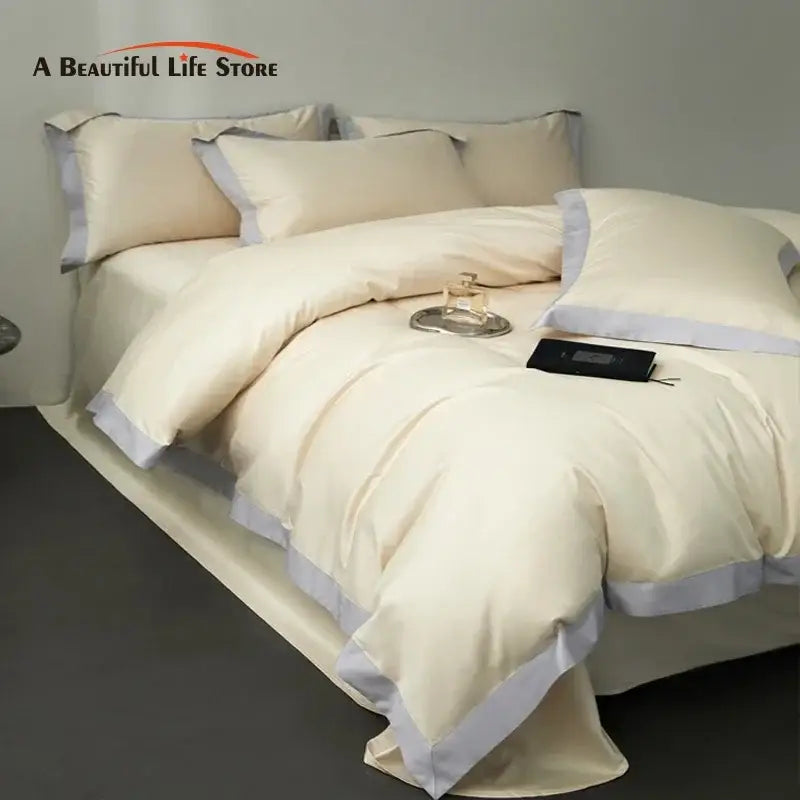 Cream and lavender egyptian cotton hotel style bedding set bedroom
