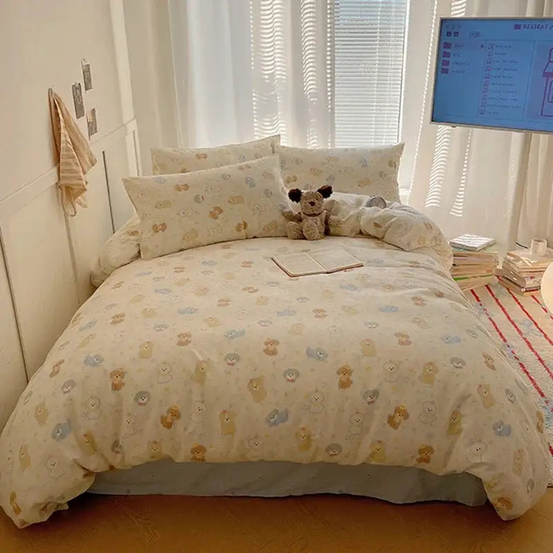 Cream cartoon printed cotton bedding set bedroom bear decor