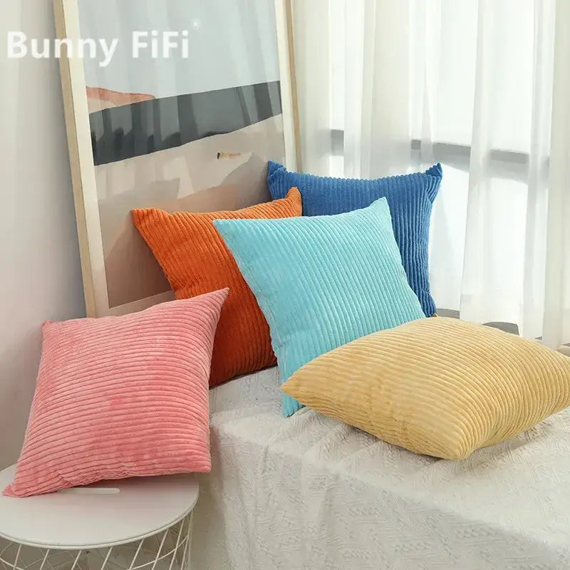 Cream corduroy striped cushion cover living room ribbed pillow