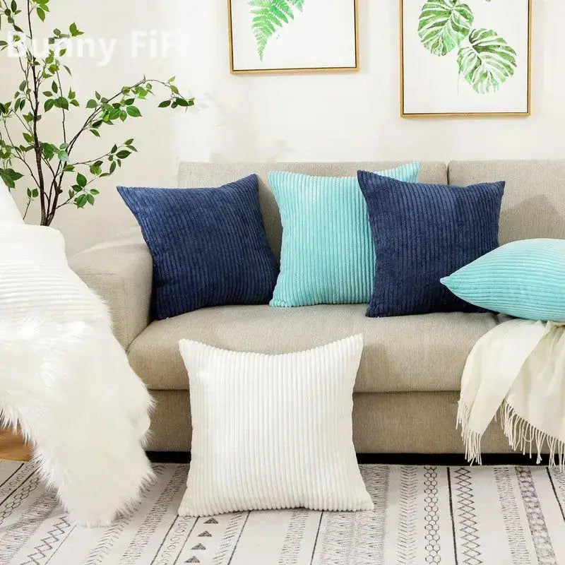 Cream corduroy striped cushion cover living room ribbed pillow