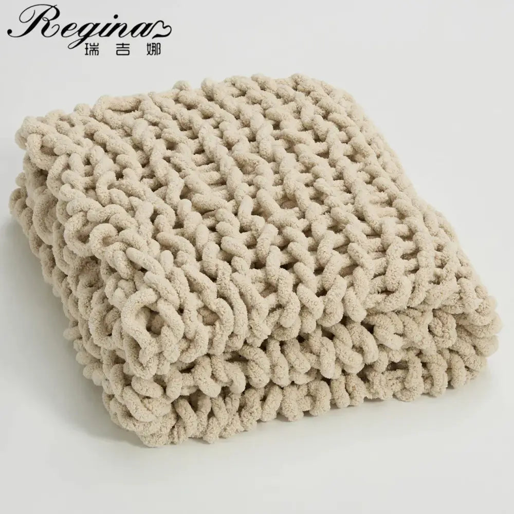 Cream cozy chenille chunky knit blanket bedroom throw