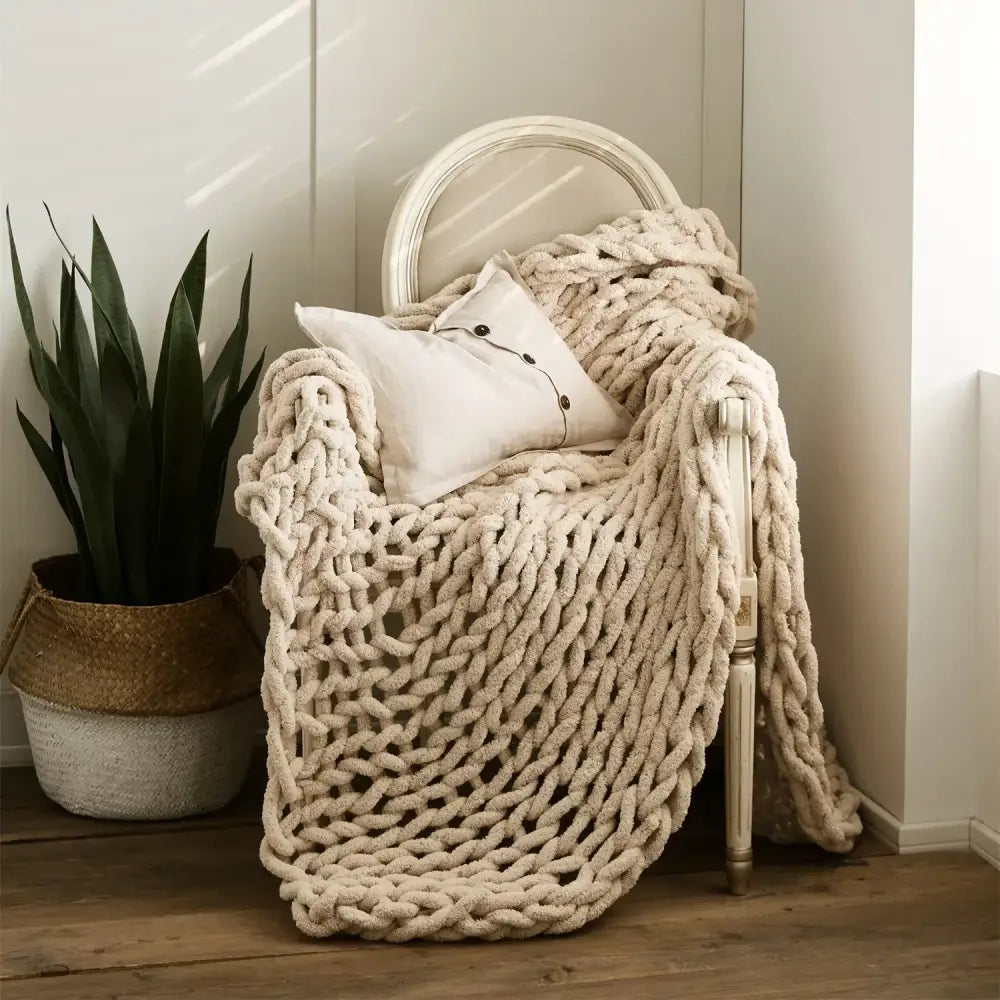 Cream cozy chenille chunky knit blanket bedroom throw