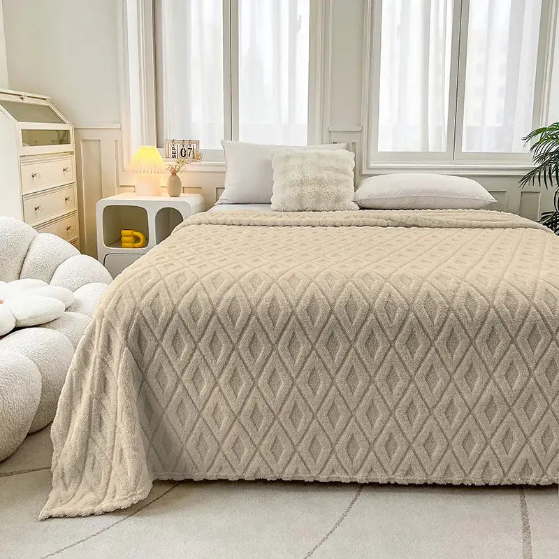 Cream diamond jacquard coral fleece blanket bedroom throw bedding