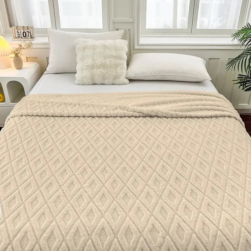 Cream diamond jacquard coral fleece blanket bedroom throw bedding