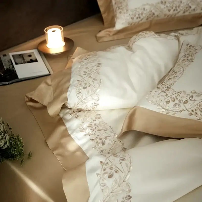 Cream embroidered egyptian cotton bedding set bedroom satin duvet cover