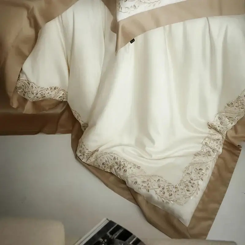 Cream embroidered egyptian cotton bedding set bedroom satin duvet cover