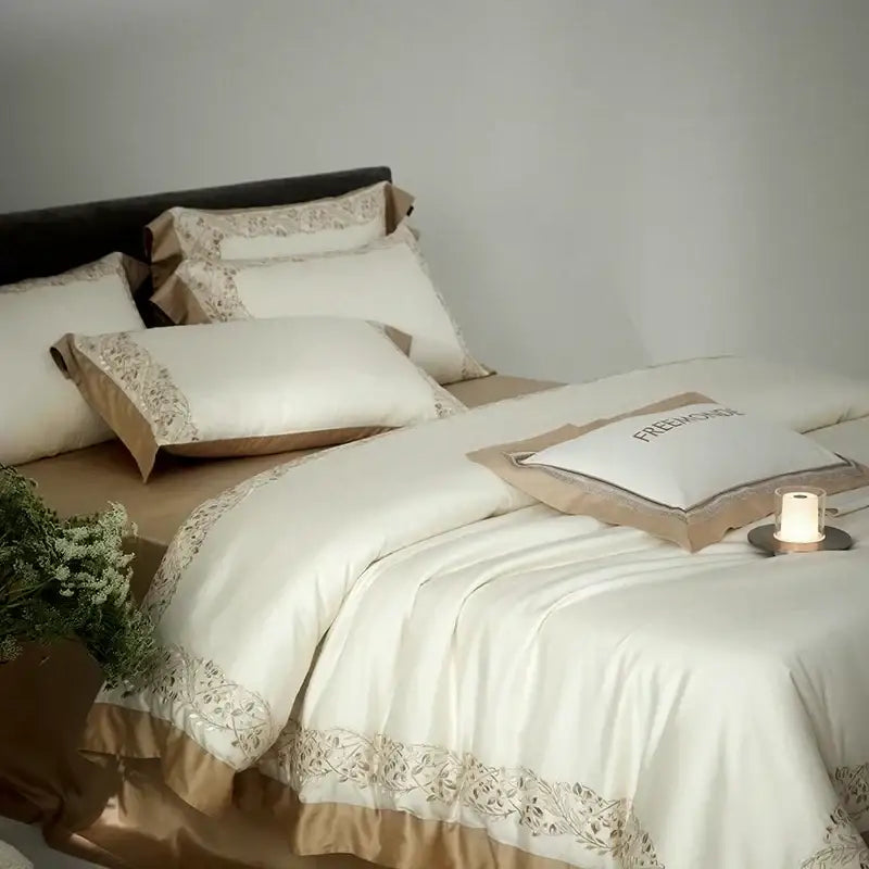 Cream embroidered egyptian cotton bedding set bedroom satin duvet cover
