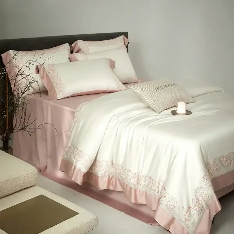 Cream embroidered egyptian cotton bedding set bedroom satin duvet cover