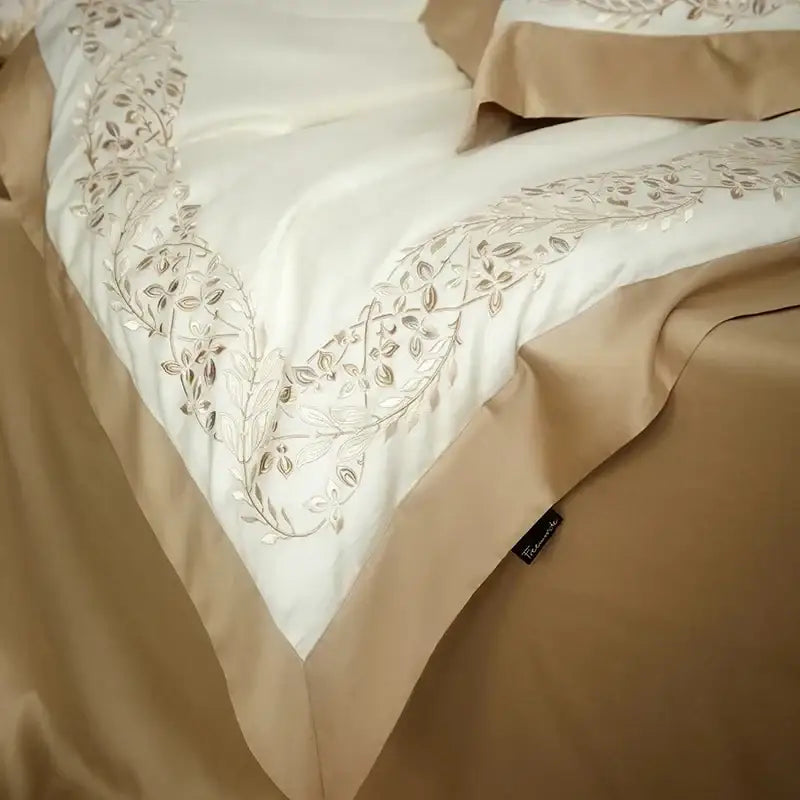 Cream embroidered egyptian cotton bedding set bedroom satin duvet cover