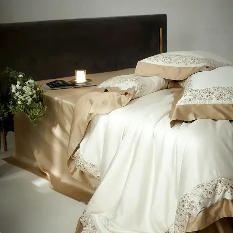 Cream embroidered egyptian cotton bedding set bedroom satin duvet cover