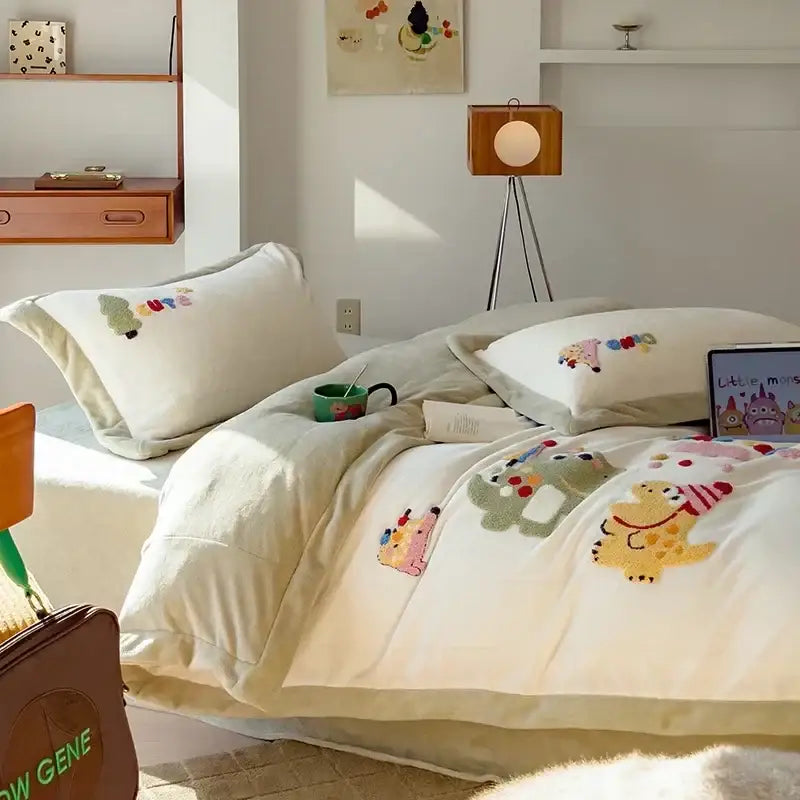 Cream embroidered milk fleece dinosaur bedding set bedroom plush duvet