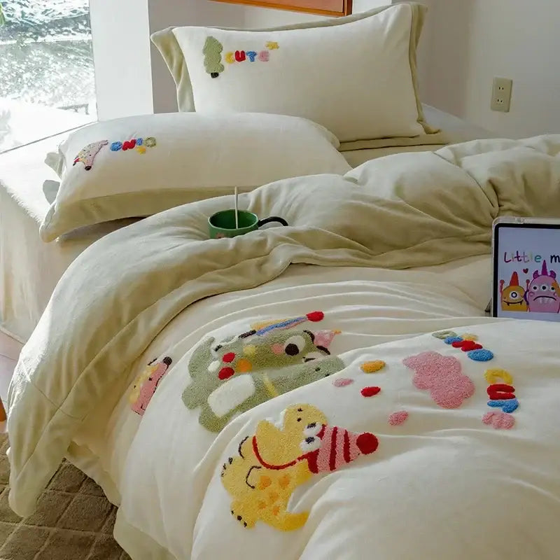 Cream embroidered milk fleece dinosaur bedding set bedroom plush duvet