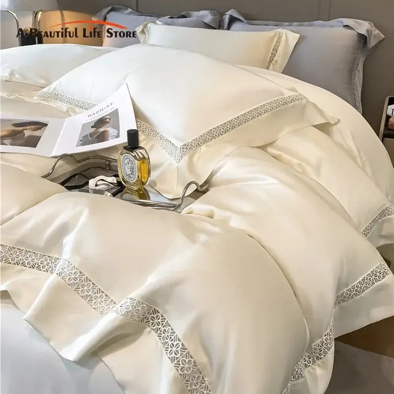 Cream eucalyptus fiber lace bedding set bedroom comfort