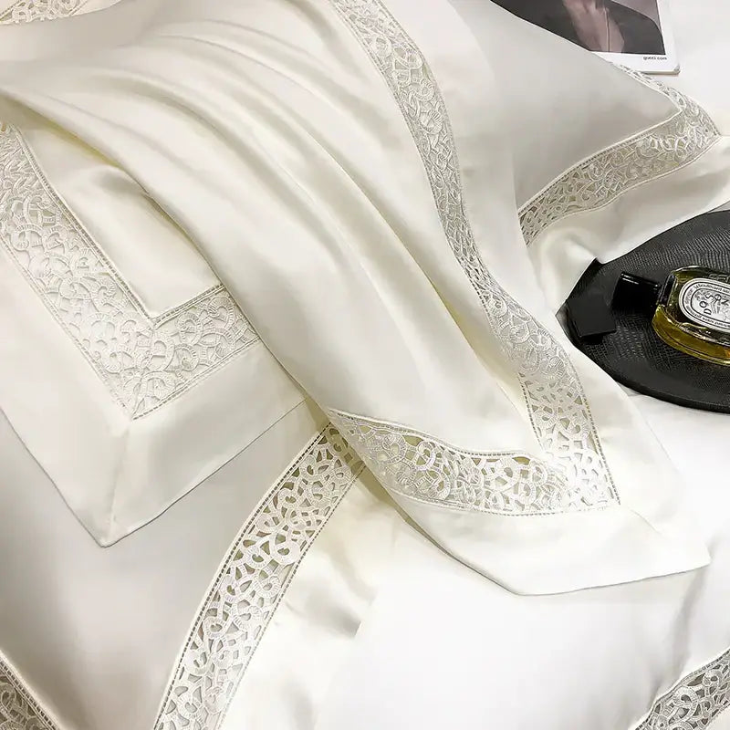 Cream eucalyptus lyocell 1000tc bedding set with lace bedroom decor