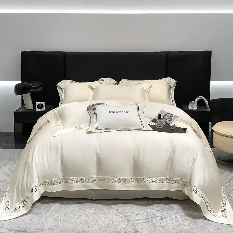 Cream eucalyptus lyocell 1000tc bedding set with lace bedroom decor