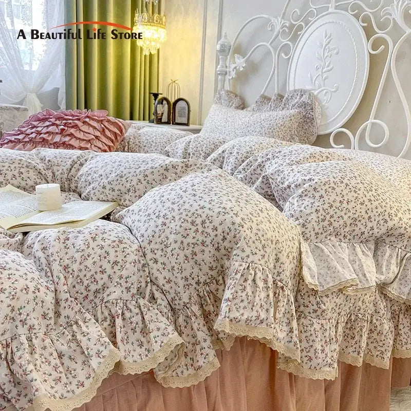 Cream floral double layer lace ruffles bedding set bedroom decor