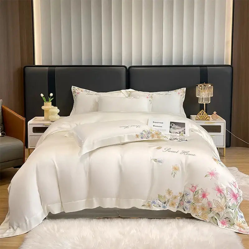 Cream floral embroidery silky duvet set bedroom sweet home decor