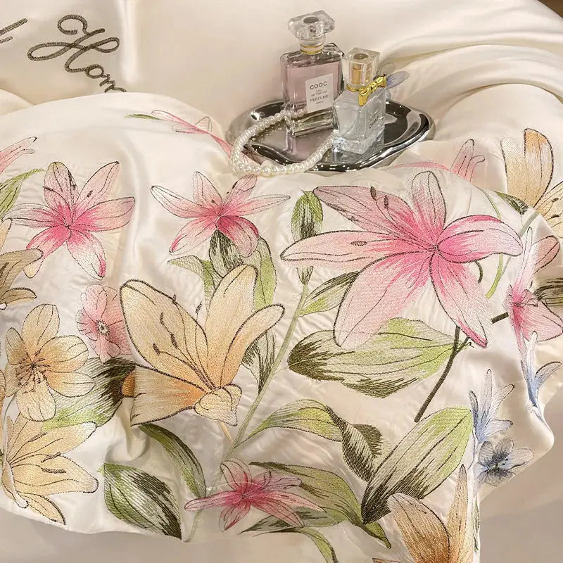 Cream floral embroidery silky duvet set bedroom sweet home decor
