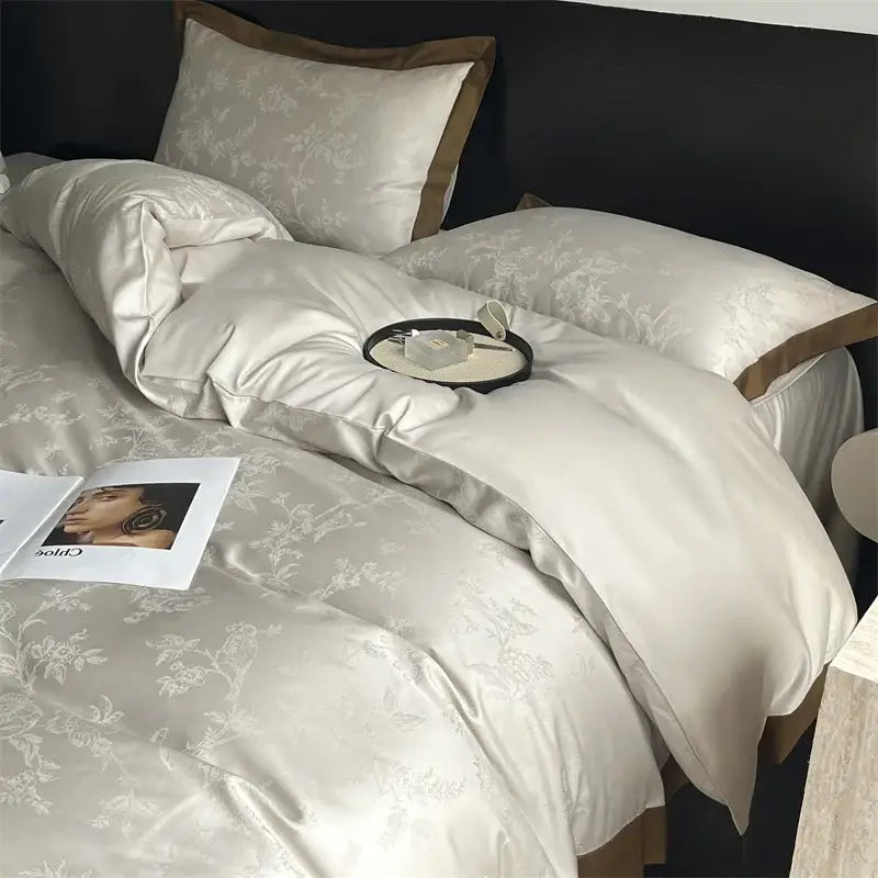 Cream floral jacquard bedding set – bedroom satin quilt cover