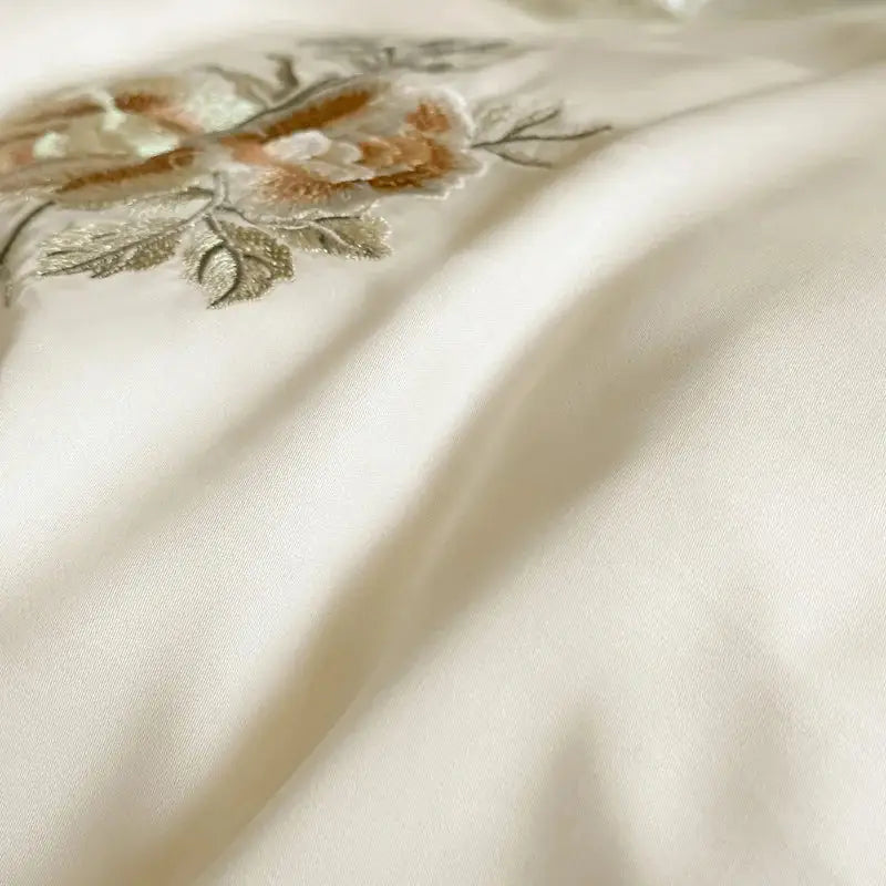 Cream flowers embroidery lace ruffles bedding set bedroom satin lyocell