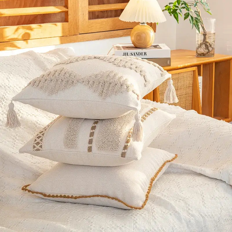 Cream geometric tufted cushion cover living room macrame fringe