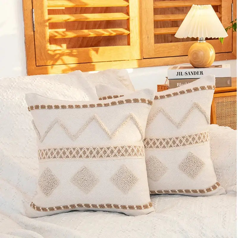 Cream geometric tufted cushion cover living room macrame fringe
