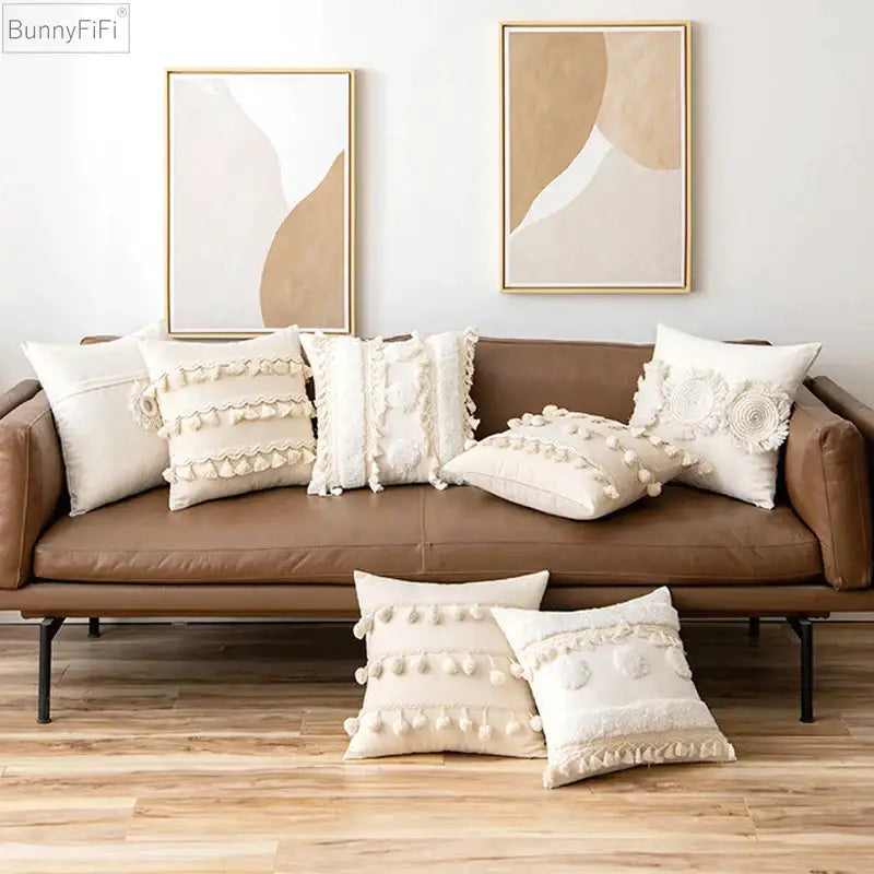 Cream ivory pompom tassel pillow cover living room lace decor