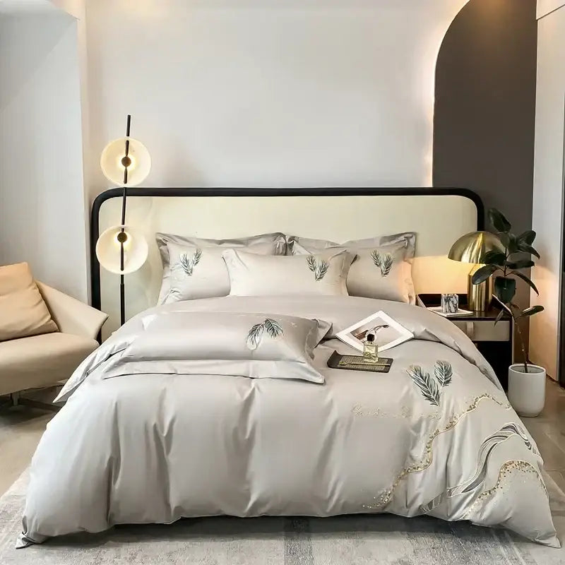 Cream leaf cotton embroidery bed linens set bedroom decor