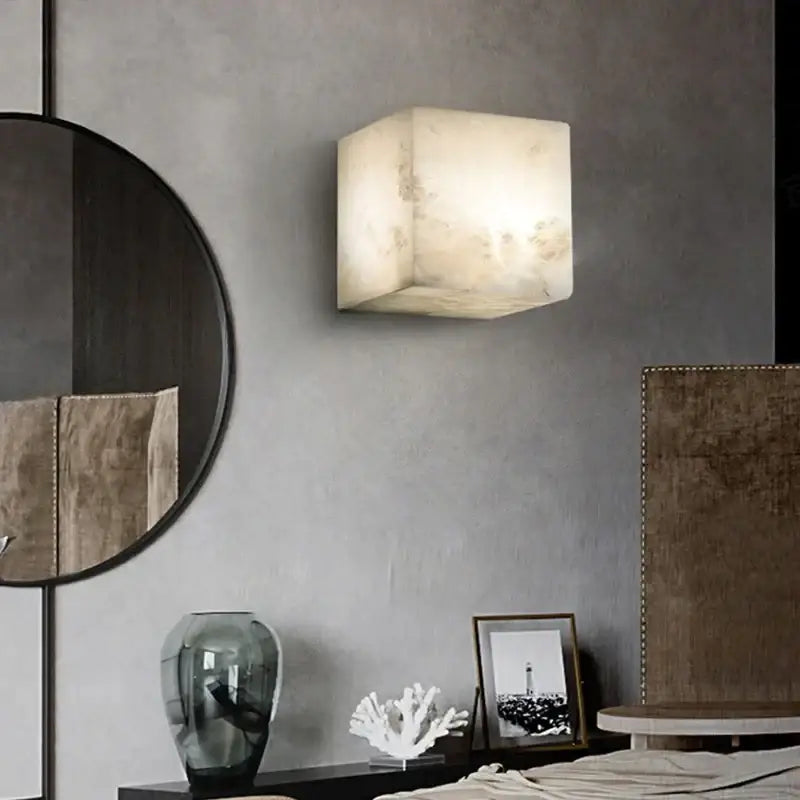 Cream onyx cube marble wall lamp bedroom natural stone sconce