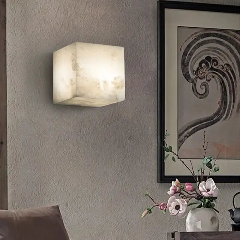 Cream onyx marble cube led wall sconce for bedroom lighting